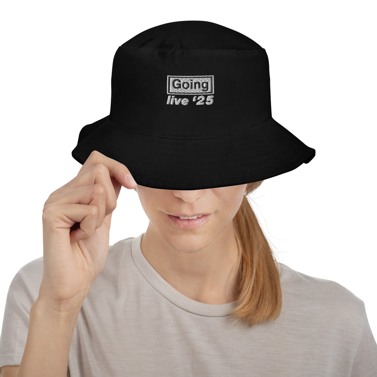 "Going" Black Embroidered Bucket Hat – Perfect for Oasis fans with tickets