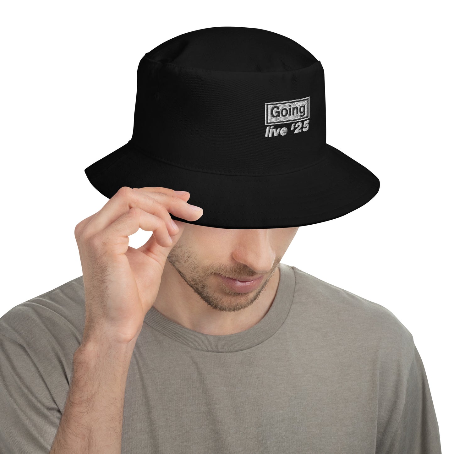 "Going" Black Embroidered Bucket Hat – Perfect for Oasis fans with tickets